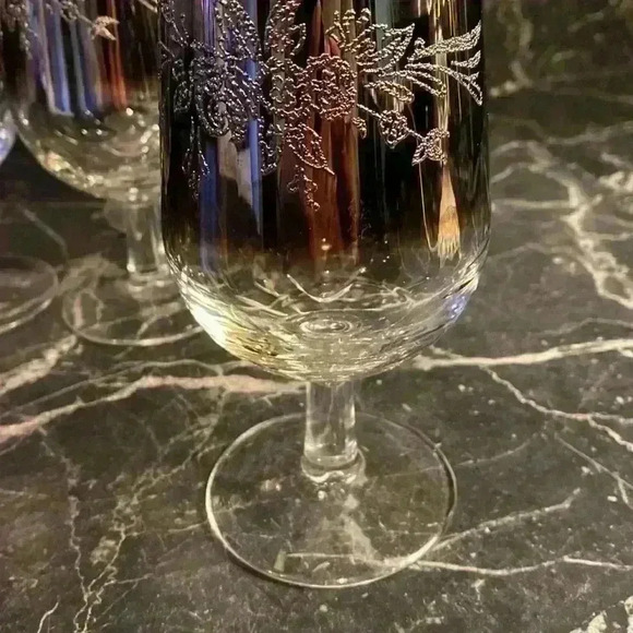 6 Vintage Silver Fade Wine Glasses Ombre WineGlasses, Leaf design made in France - Picture 6 of 14